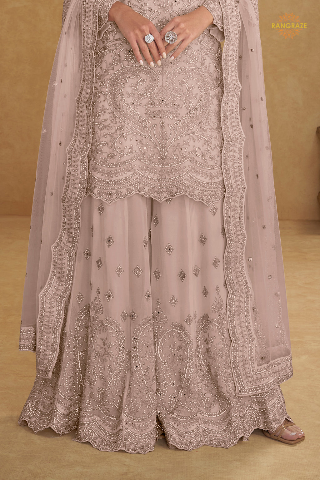 Muted Mauve Stitched Embroidered Net Palazzo Suit