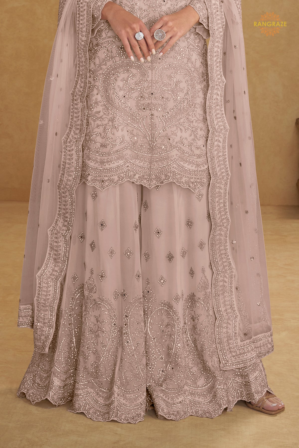 Muted Mauve Stitched Embroidered Net Palazzo Suit