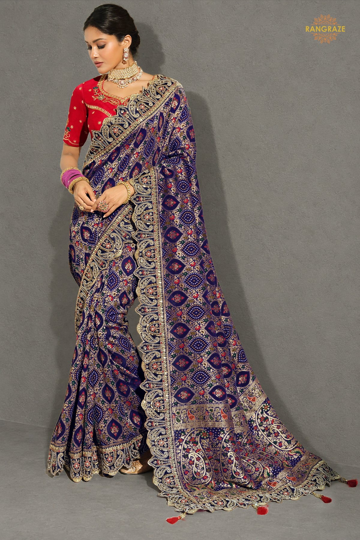 Navy Blue Embroidered Bandhej Georgette Saree