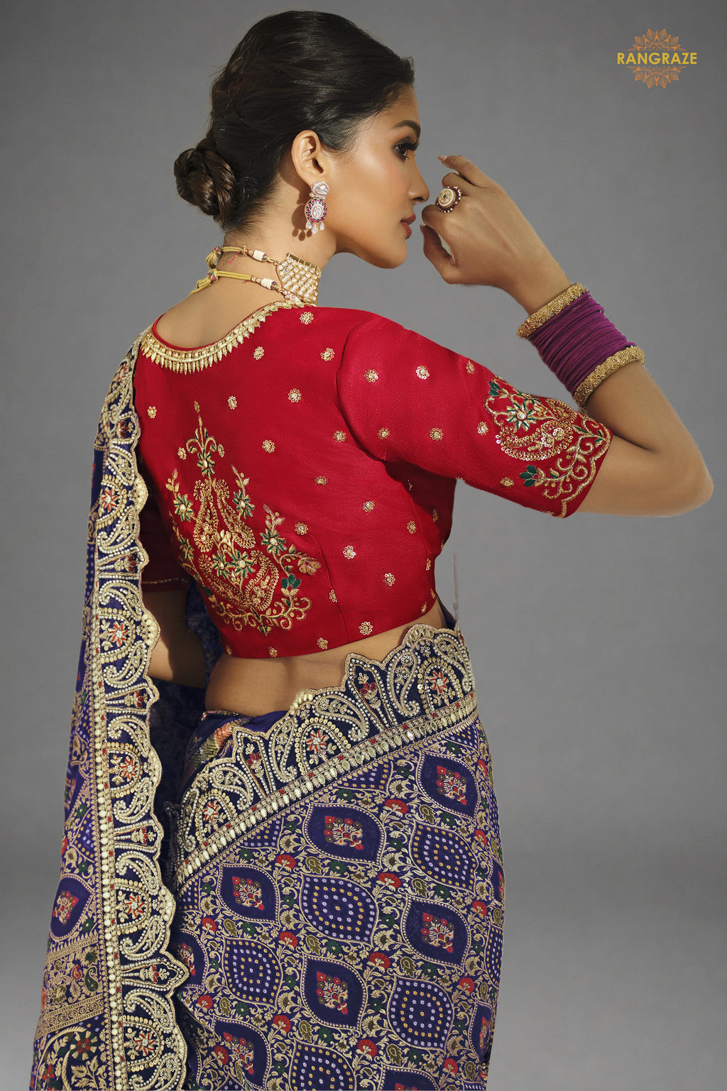 Navy Blue Embroidered Bandhej Georgette Saree