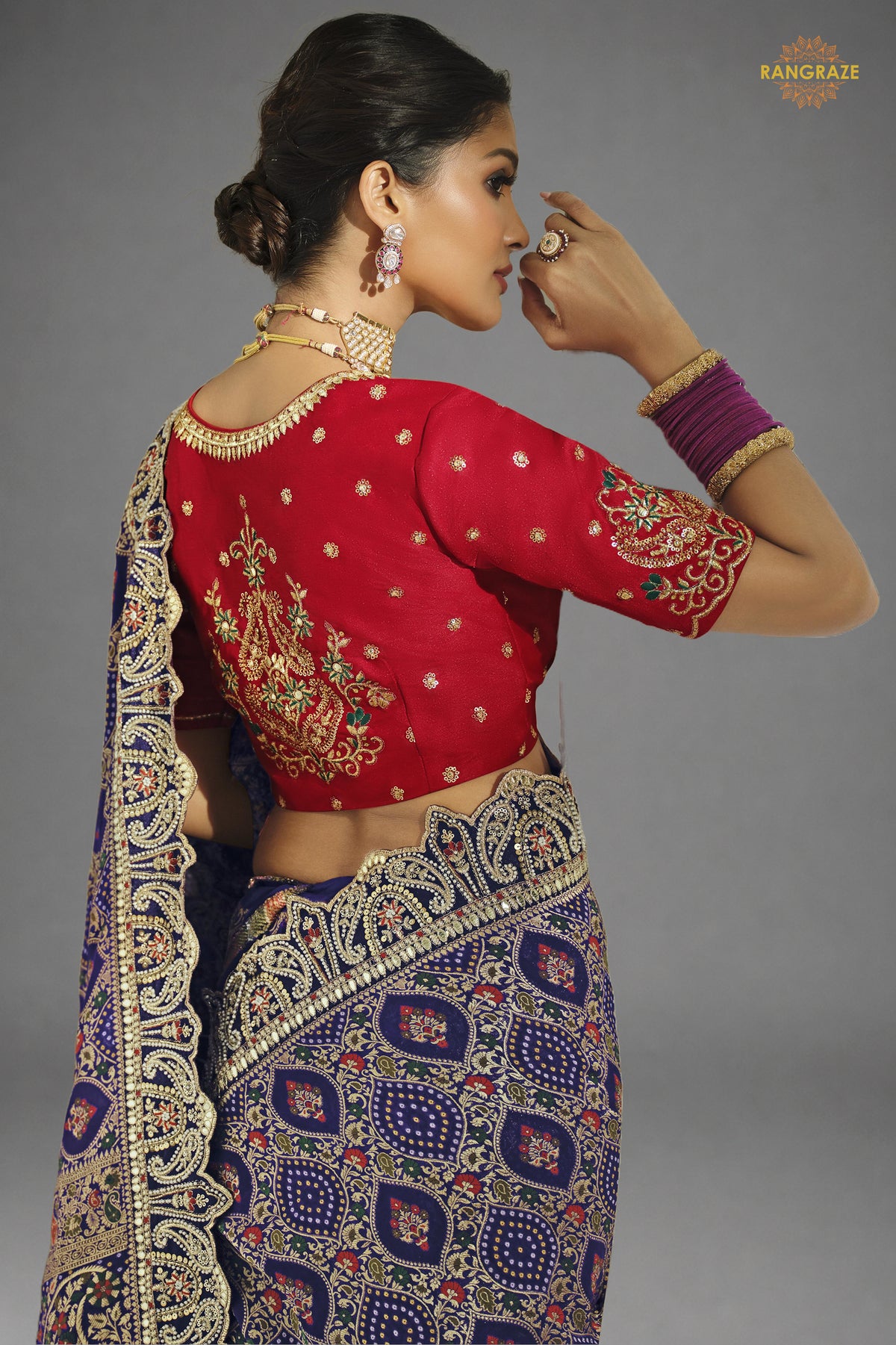 Navy Blue Embroidered Bandhej Georgette Saree