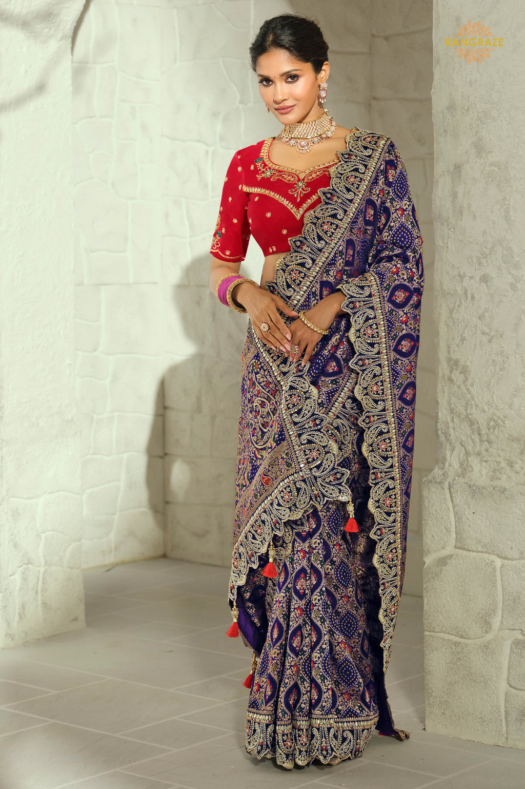 Navy Blue Embroidered Bandhej Georgette Saree