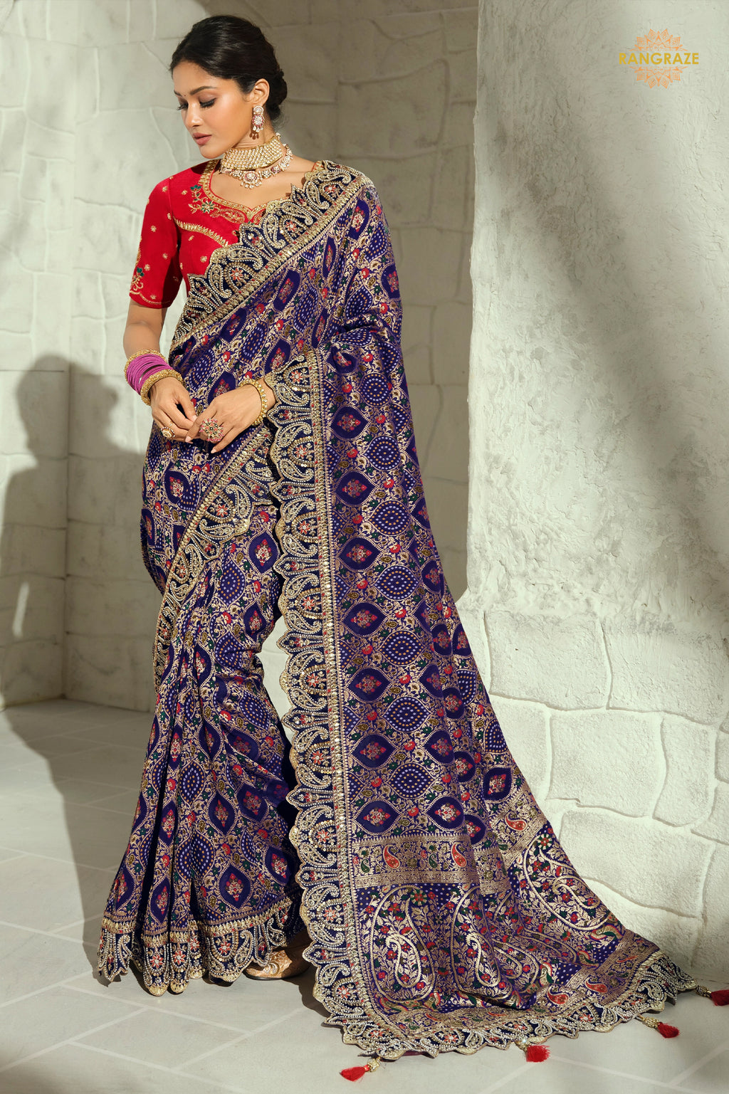 Navy Blue Embroidered Bandhej Georgette Saree