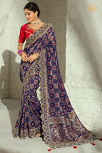 Navy Blue Embroidered Bandhej Georgette Saree