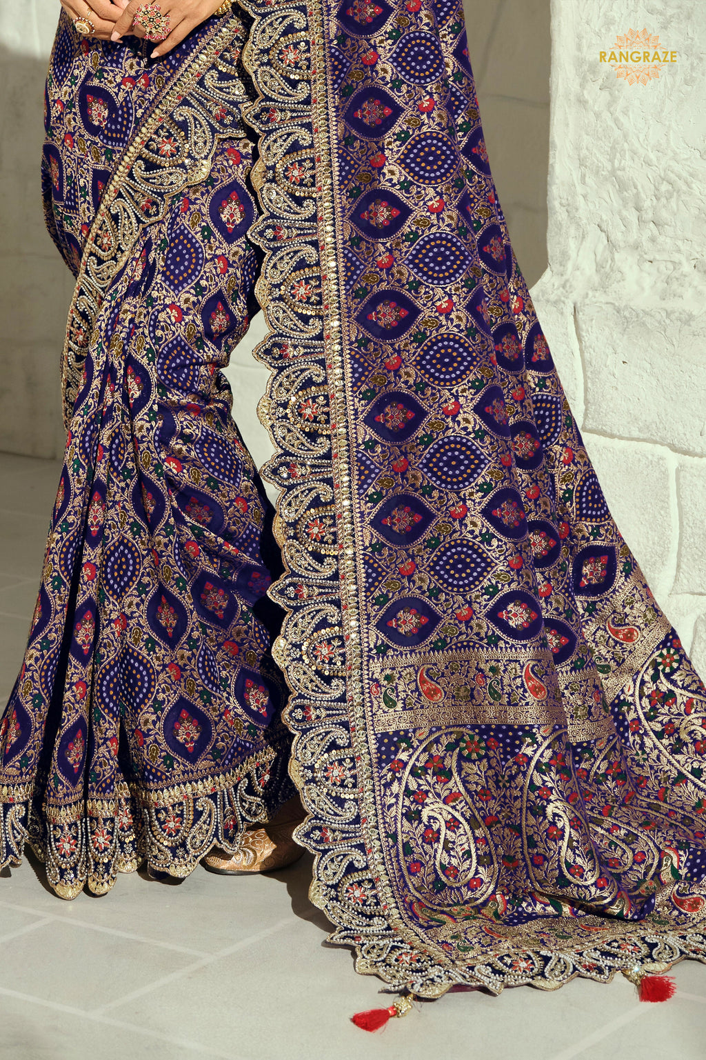 Navy Blue Embroidered Bandhej Georgette Saree