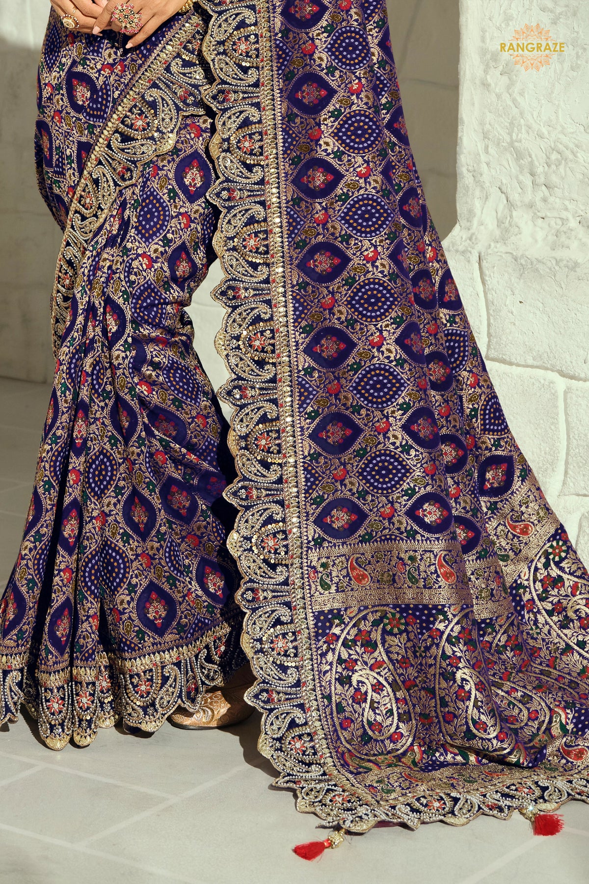 Navy Blue Embroidered Bandhej Georgette Saree