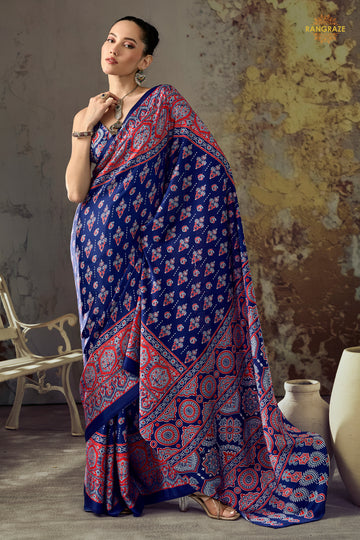 Navy Blue Printed Modal Satin Saree