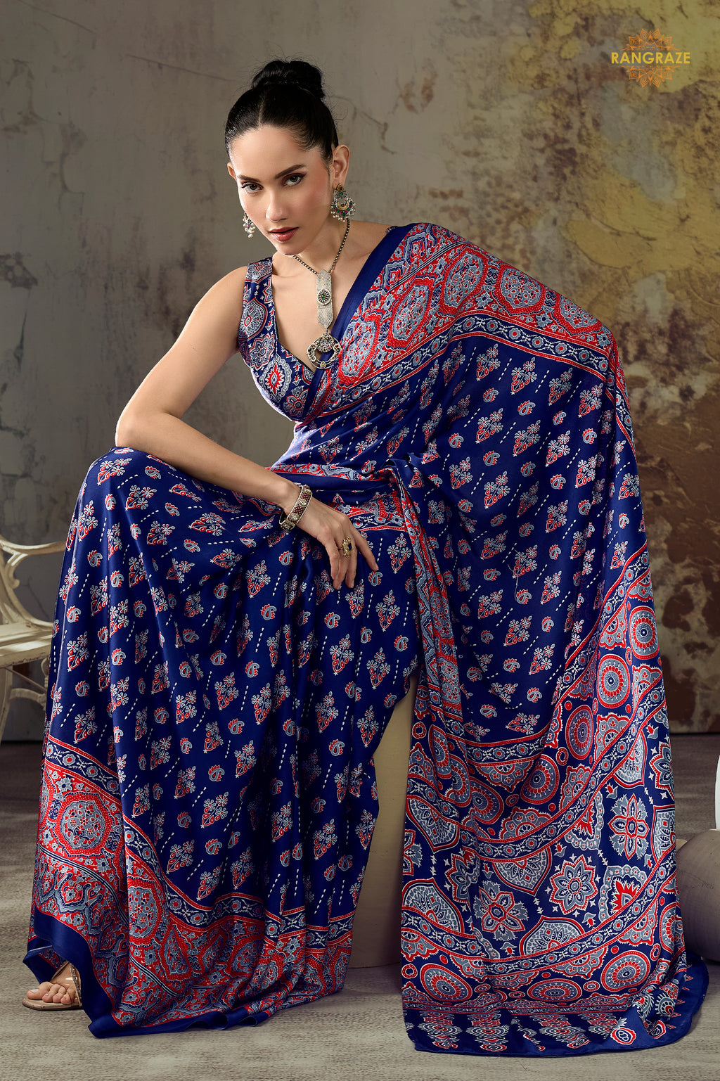 Navy Blue Printed Modal Satin Saree