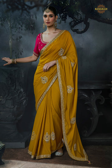 Ochre Yellow Embroidered Tissue Organza Saree