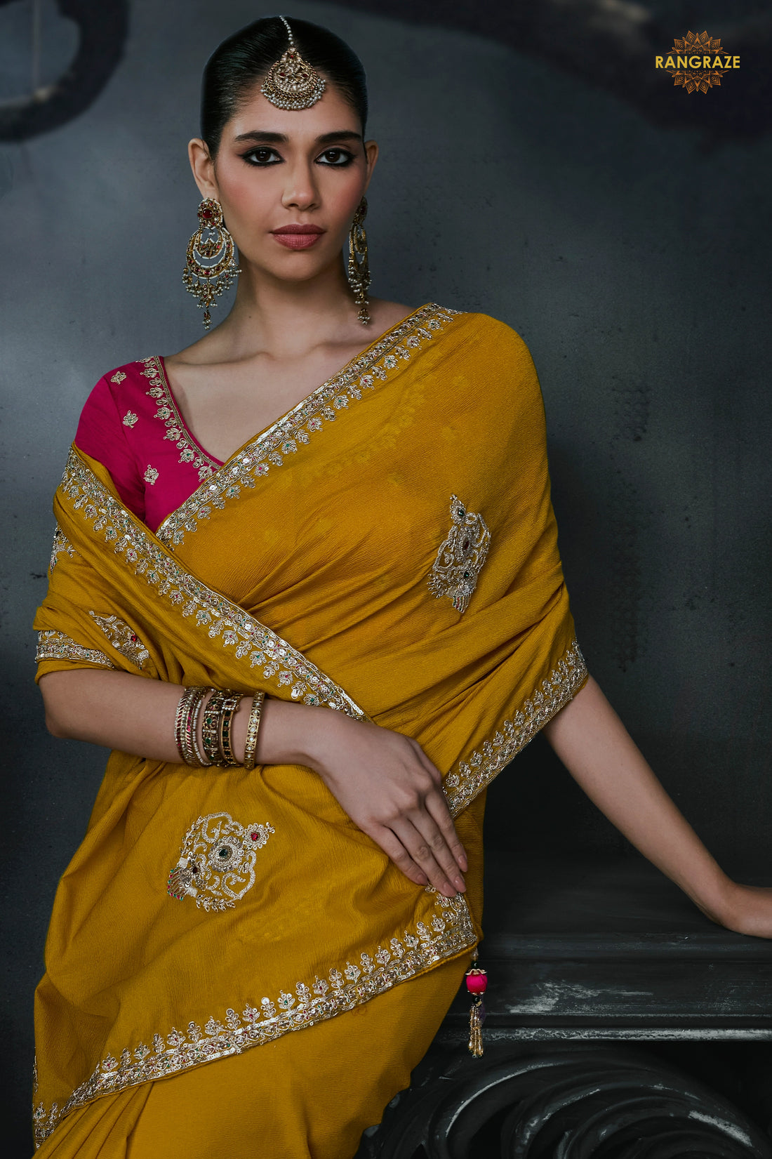 Ochre Yellow Embroidered Tissue Organza Saree