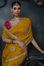 Ochre Yellow Embroidered Tissue Organza Saree