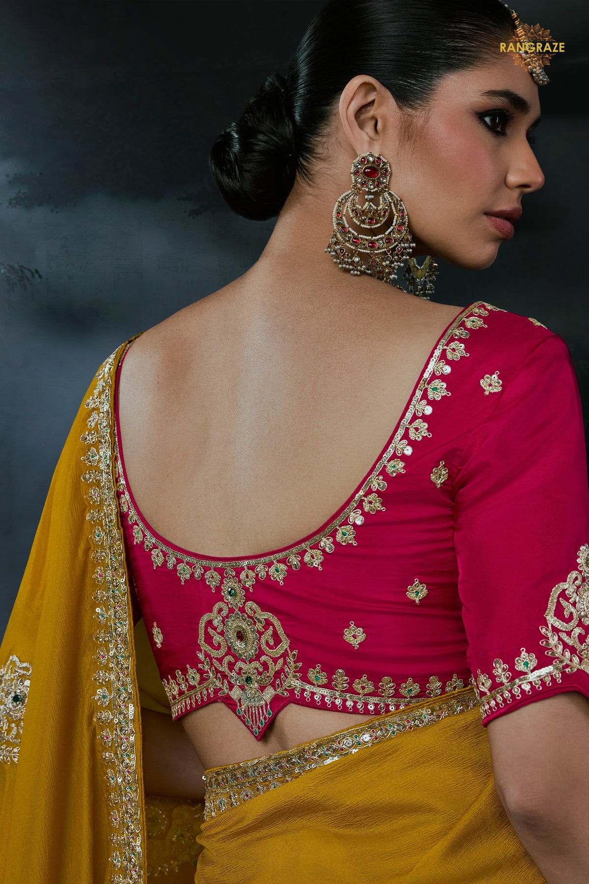 Ochre Yellow Embroidered Tissue Organza Saree