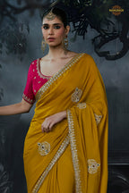 Ochre Yellow Embroidered Tissue Organza Saree