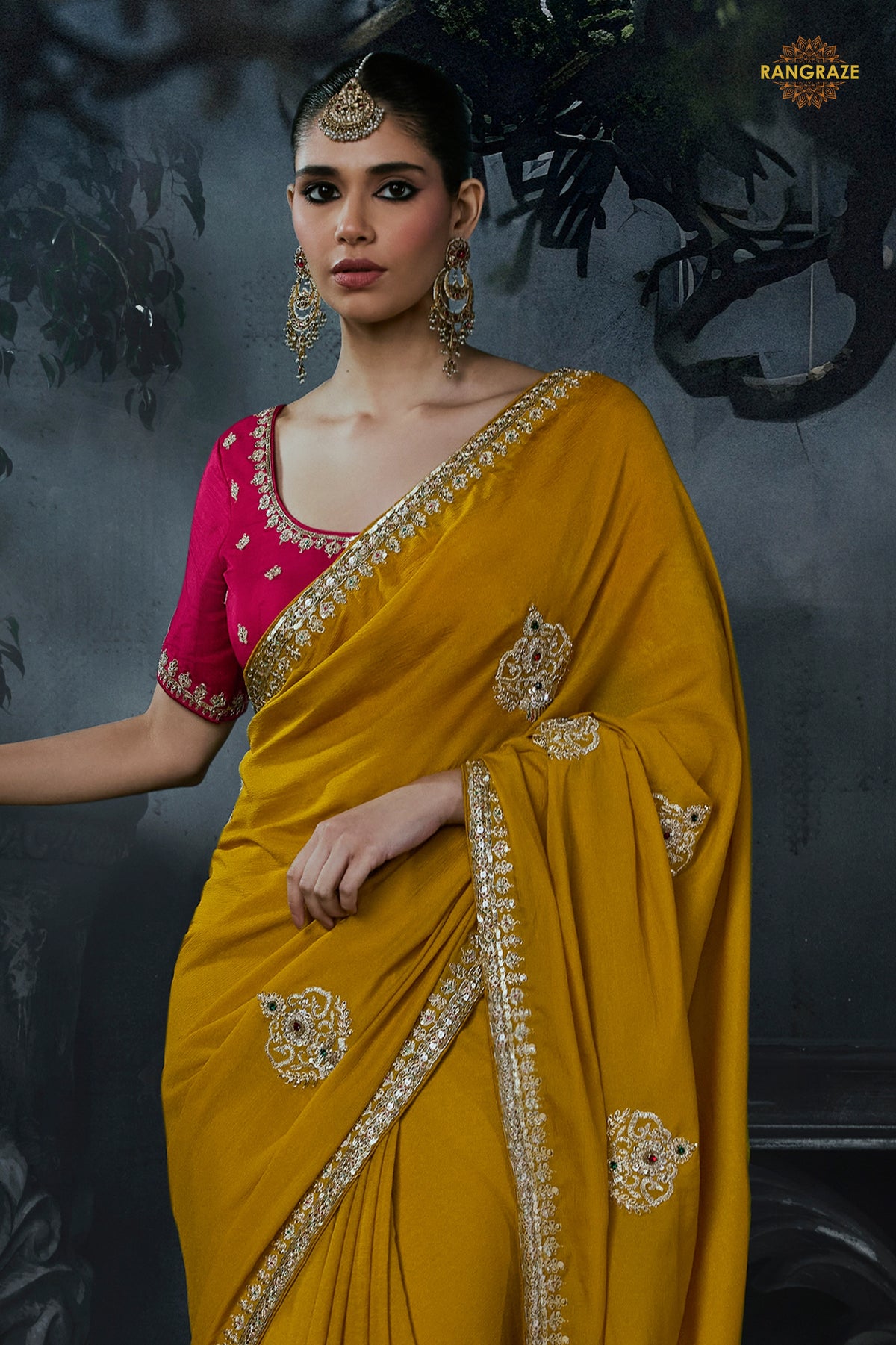 Ochre Yellow Embroidered Tissue Organza Saree