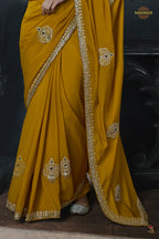 Ochre Yellow Embroidered Tissue Organza Saree