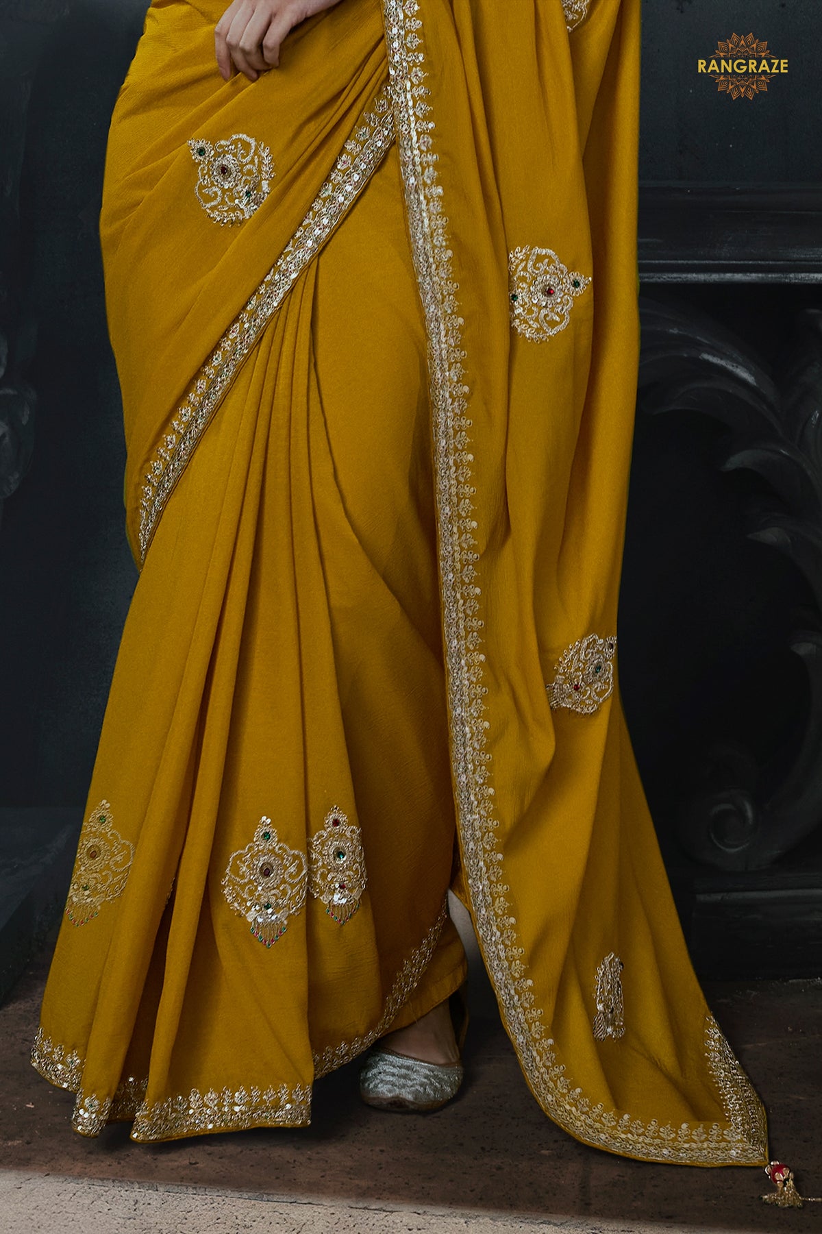 Ochre Yellow Embroidered Tissue Organza Saree