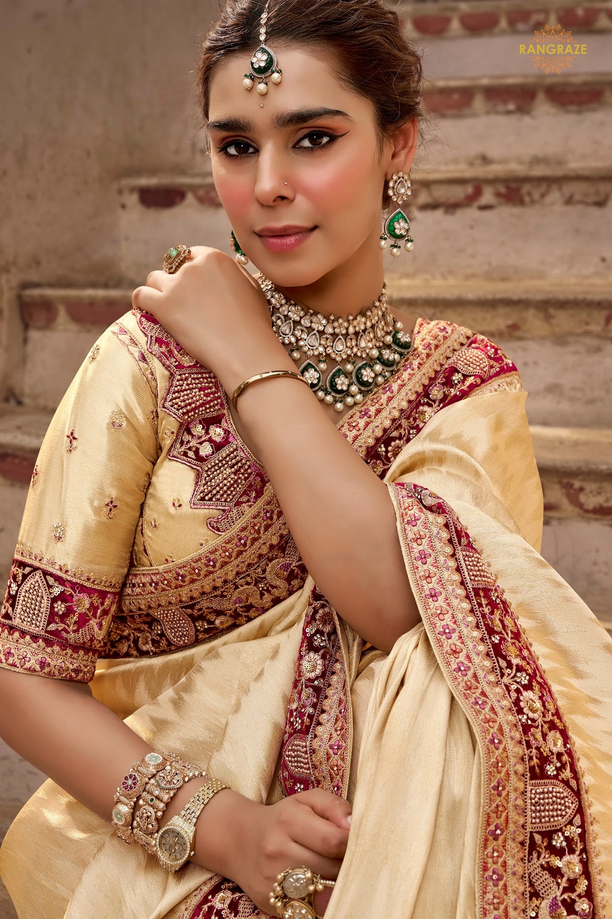 Off-White Embroidred Fancy Silk Saree
