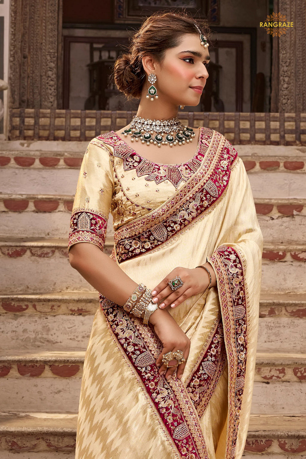 Off-White Embroidred Fancy Silk Saree