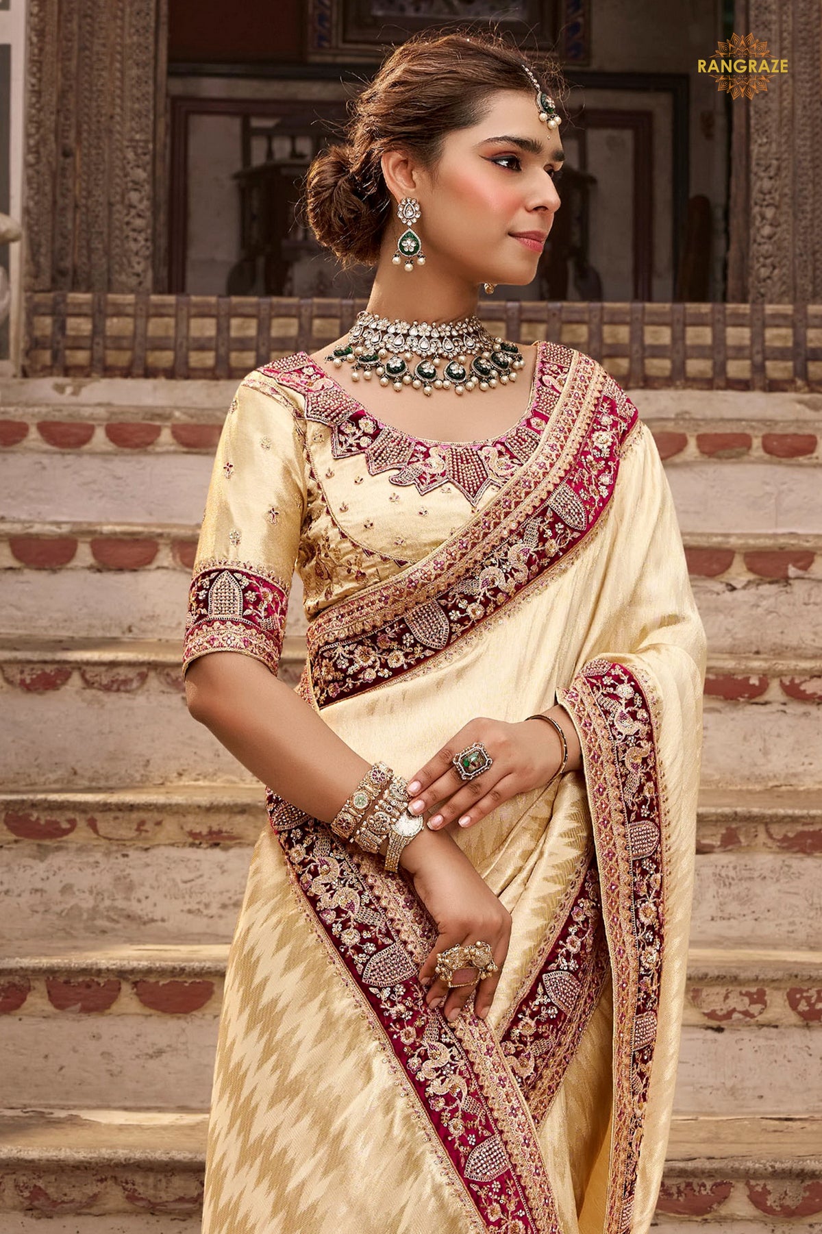 Off-White Embroidred Fancy Silk Saree