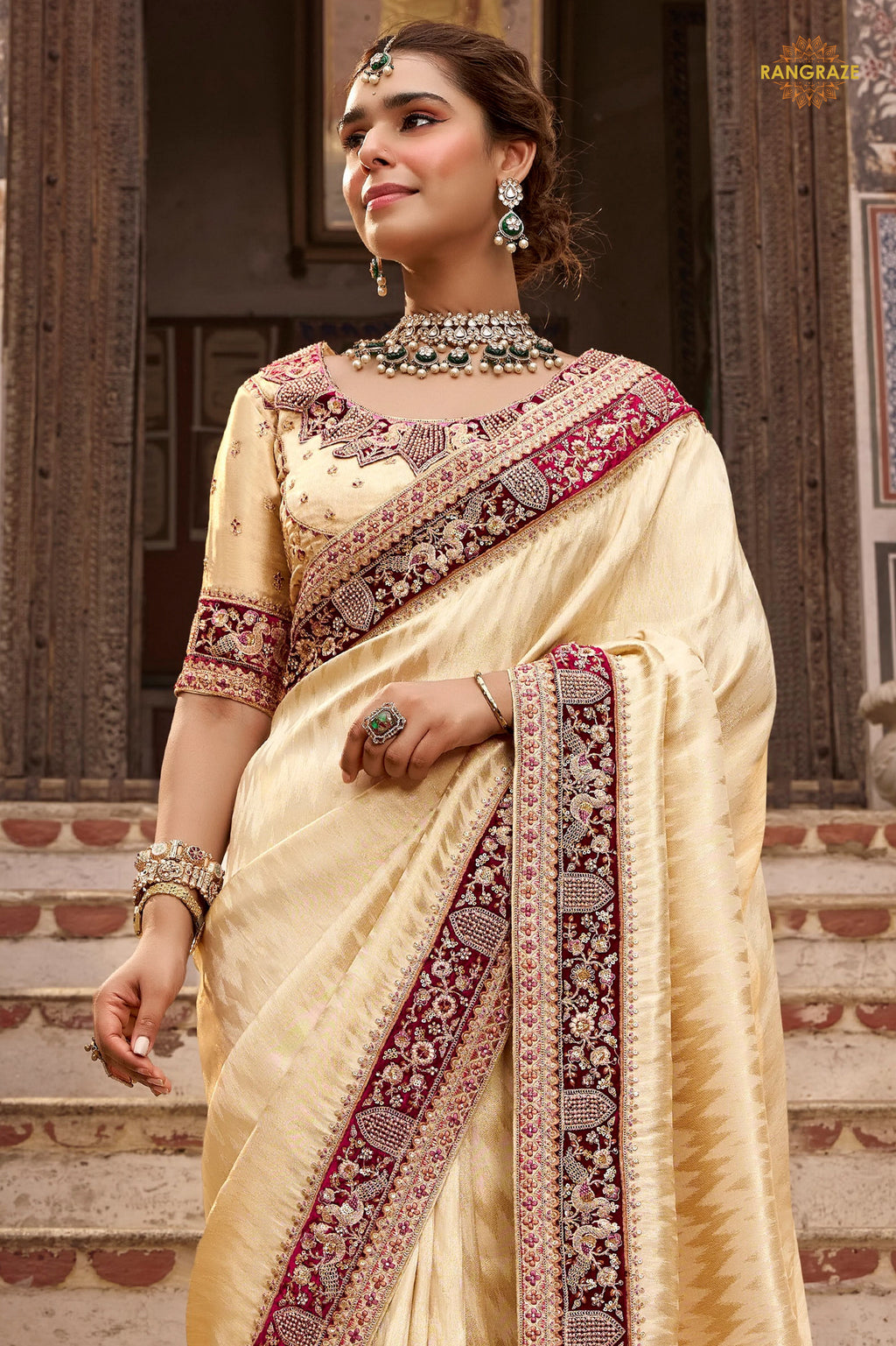 Off-White Embroidred Fancy Silk Saree