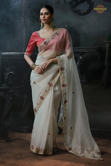 Off White Embroidered Tissue Organza Saree
