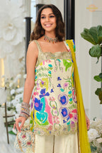 Off White Readymade Embroidered Palazzo Silk Suit Set With Digital print