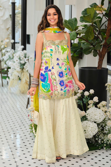Off White Readymade Embroidered Palazzo Silk Suit With Digital print