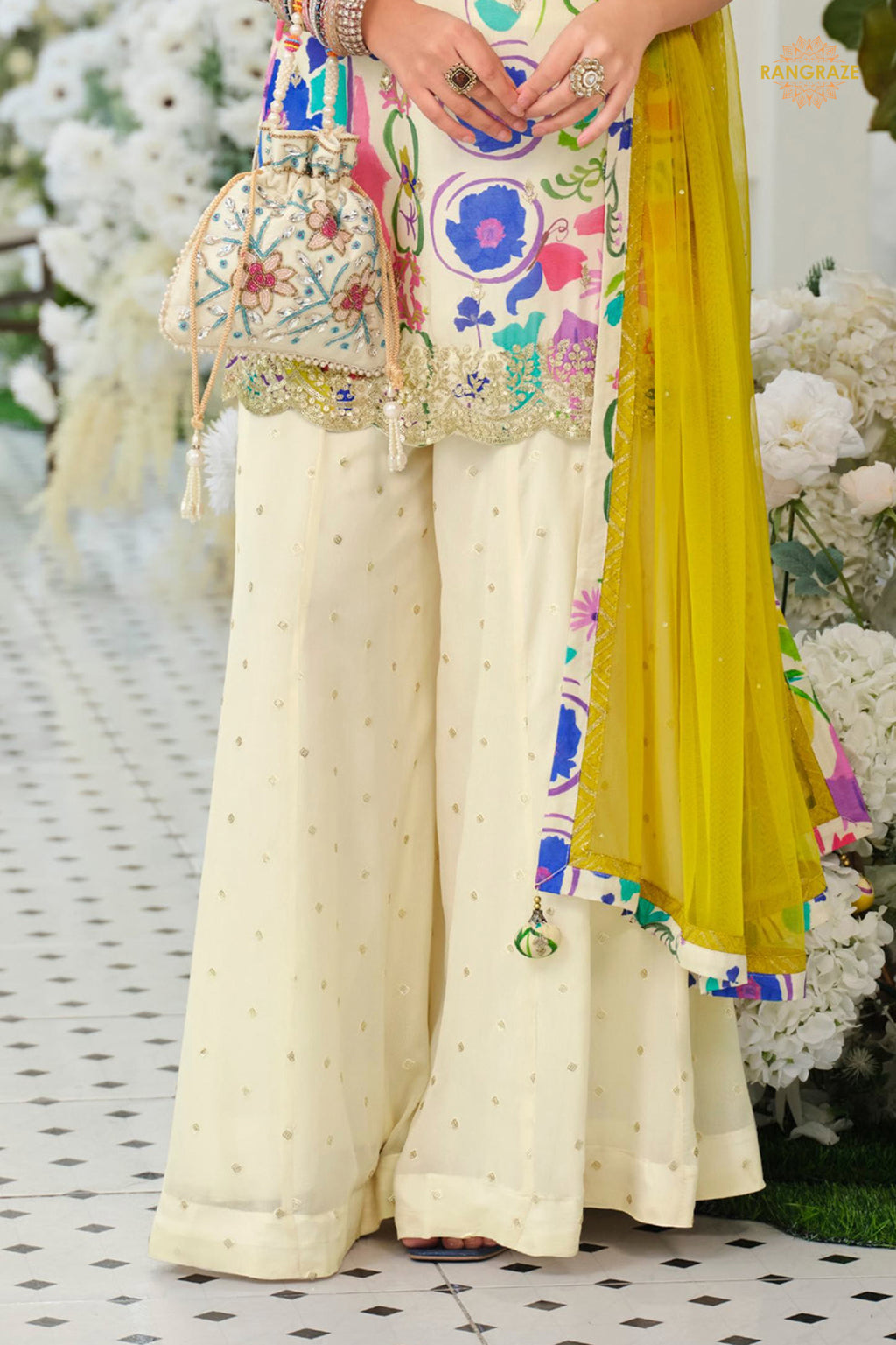 Off White Readymade Embroidered Palazzo Silk Suit Set With Digital print