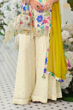 Off White Readymade Embroidered Palazzo Silk Suit Set With Digital print