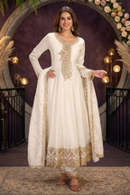 Off White Stitched Embroidered Silk Anarkali Suit