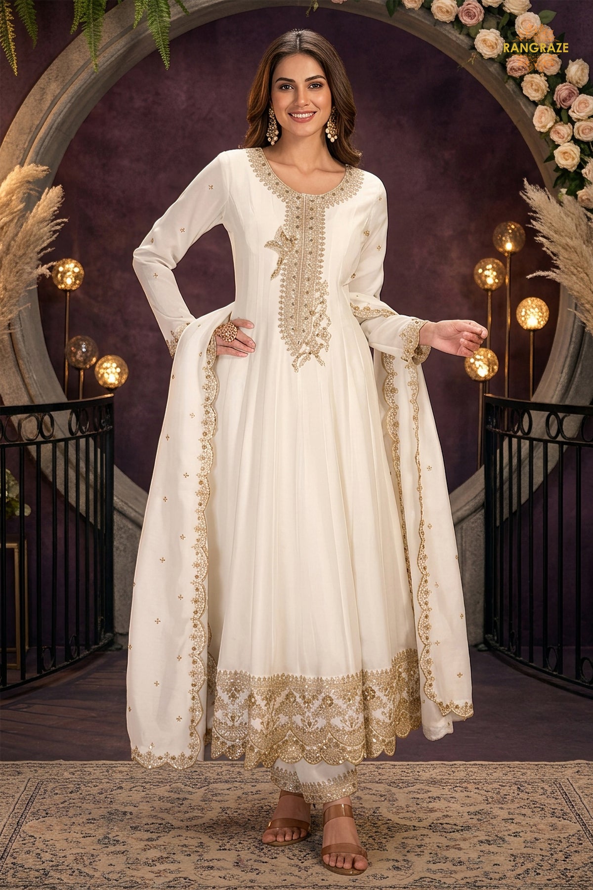 Off White Stitched Embroidered Silk Anarkali Suit
