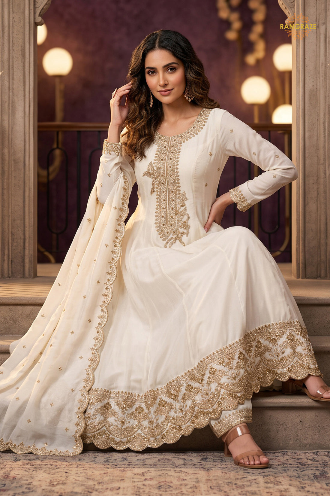 Off White Stitched Embroidered Silk Anarkali Suit