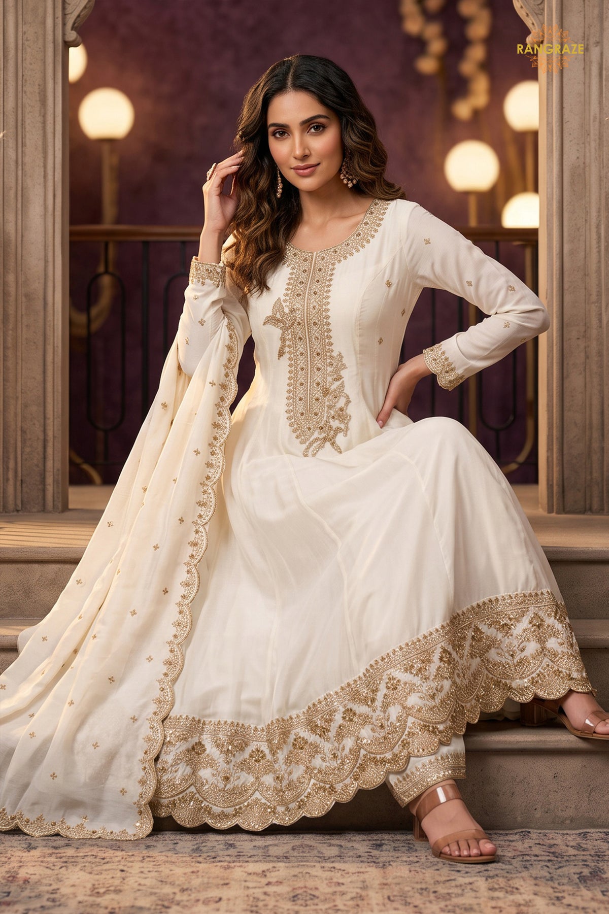 Off White Stitched Embroidered Silk Anarkali Suit