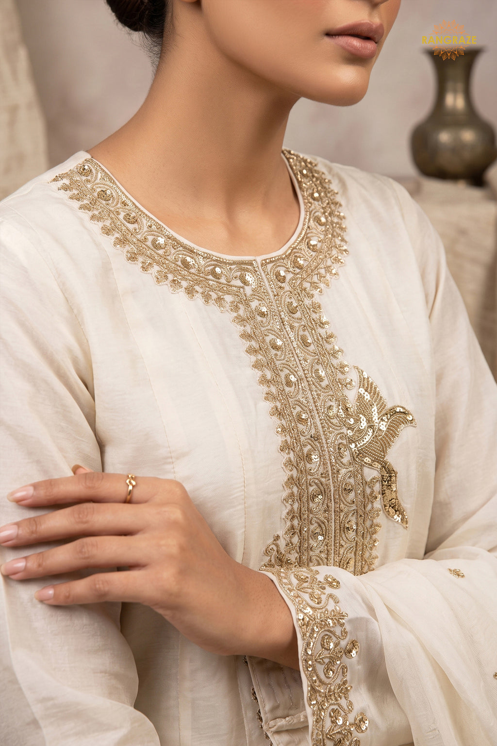 Off White Stitched Embroidered Silk Anarkali Suit