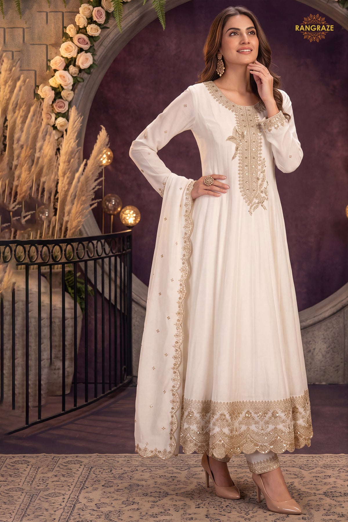 Off White Stitched Embroidered Silk Anarkali Suit
