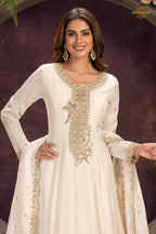 Off White Stitched Embroidered Silk Anarkali Suit