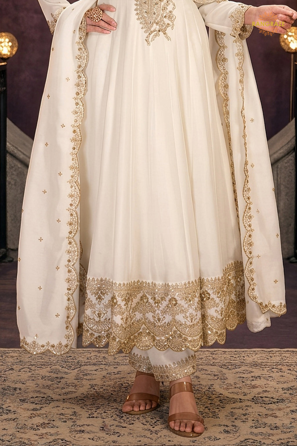 Off White Stitched Embroidered Silk Anarkali Suit