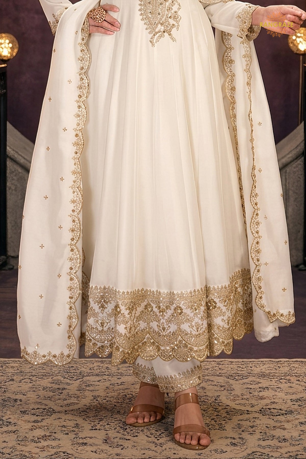 Off White Stitched Embroidered Silk Anarkali Suit