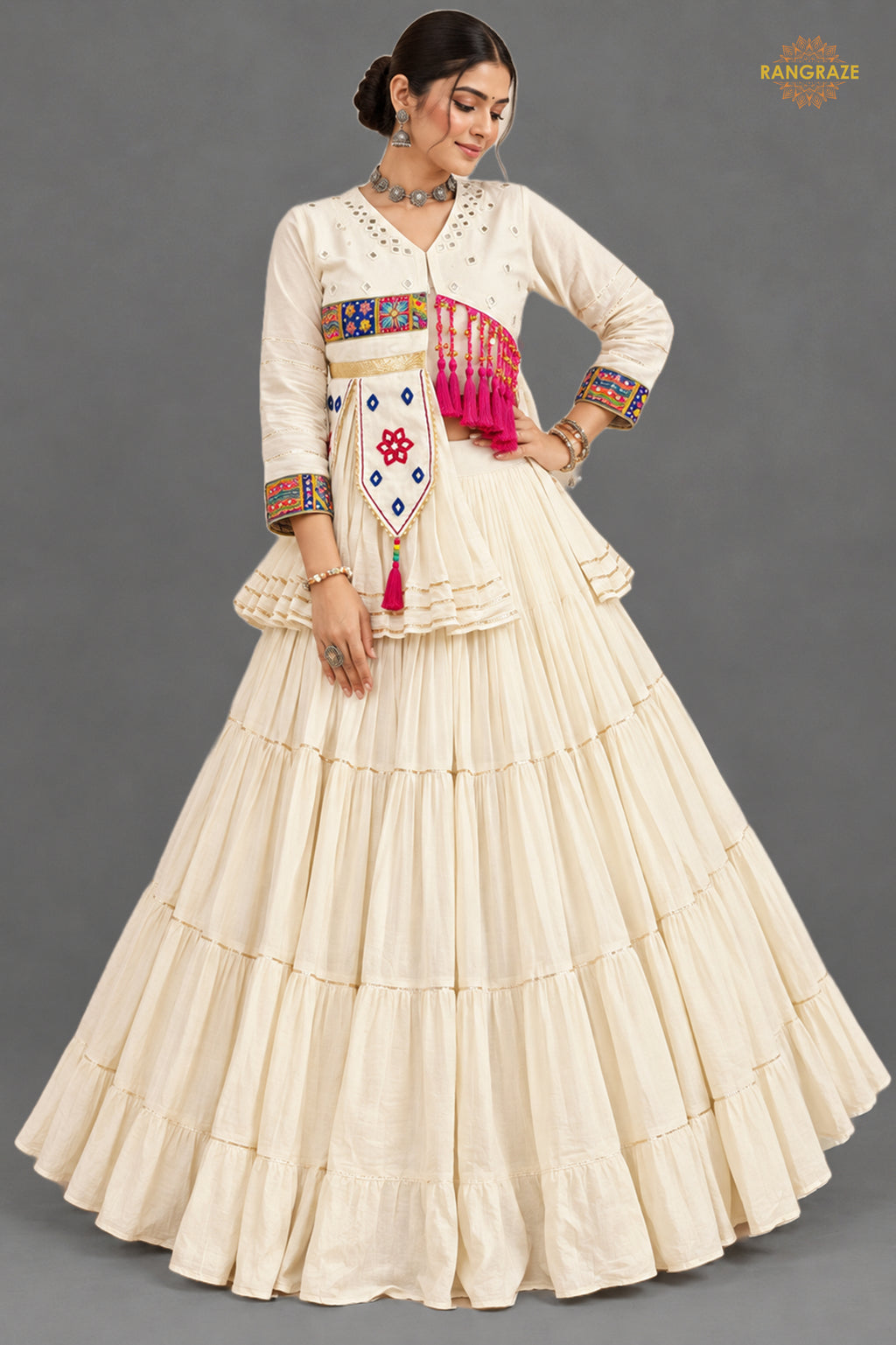 Off White Stitched Lace Work Cotton Lehenga Set