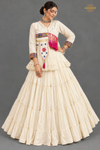 Off White Stitched Lace Work Cotton Lehenga Set