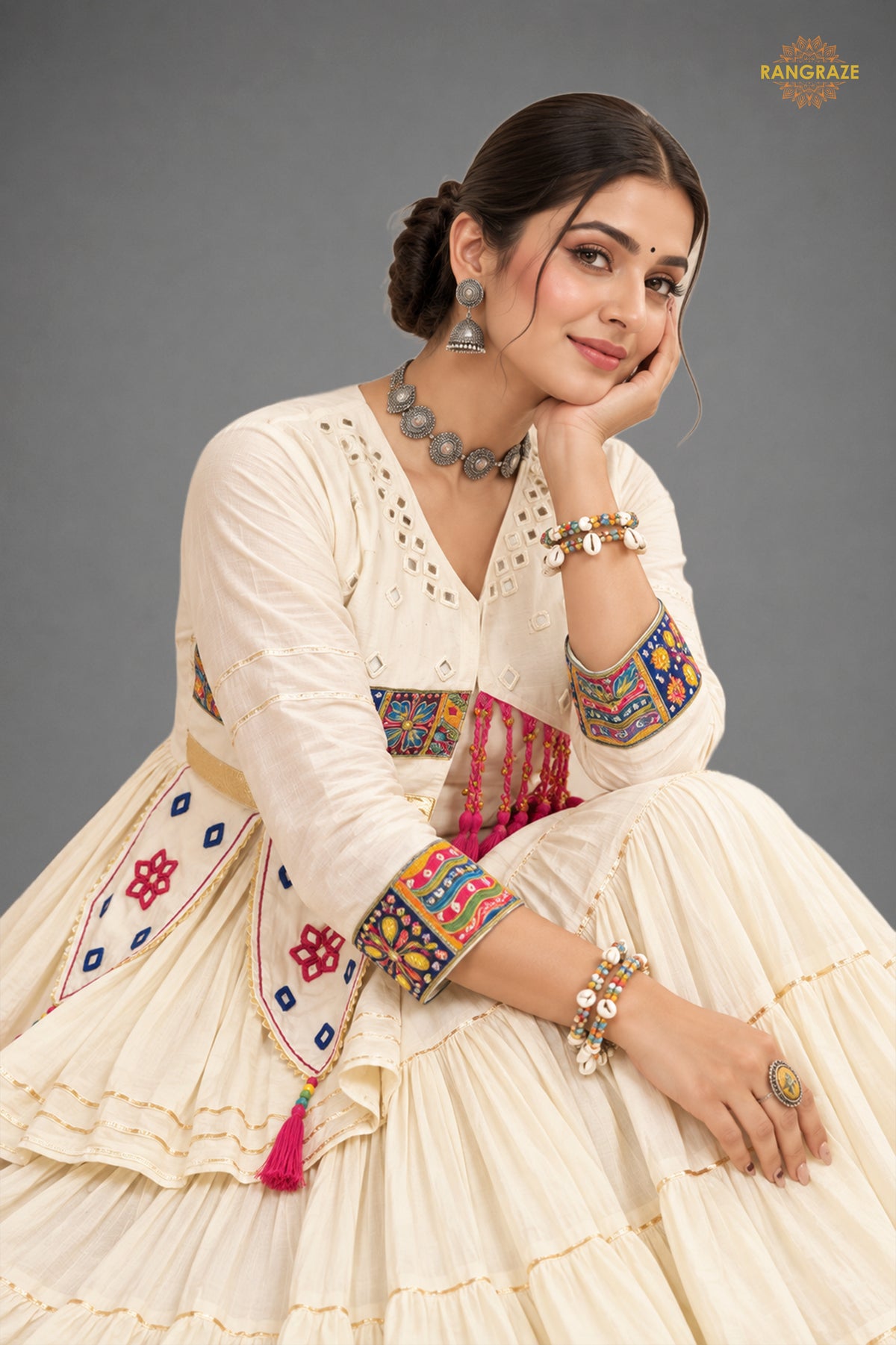 Off White Stitched Lace Work Cotton Lehenga Set