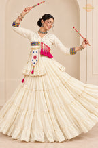 Off White Stitched Lace Work Cotton Lehenga Set