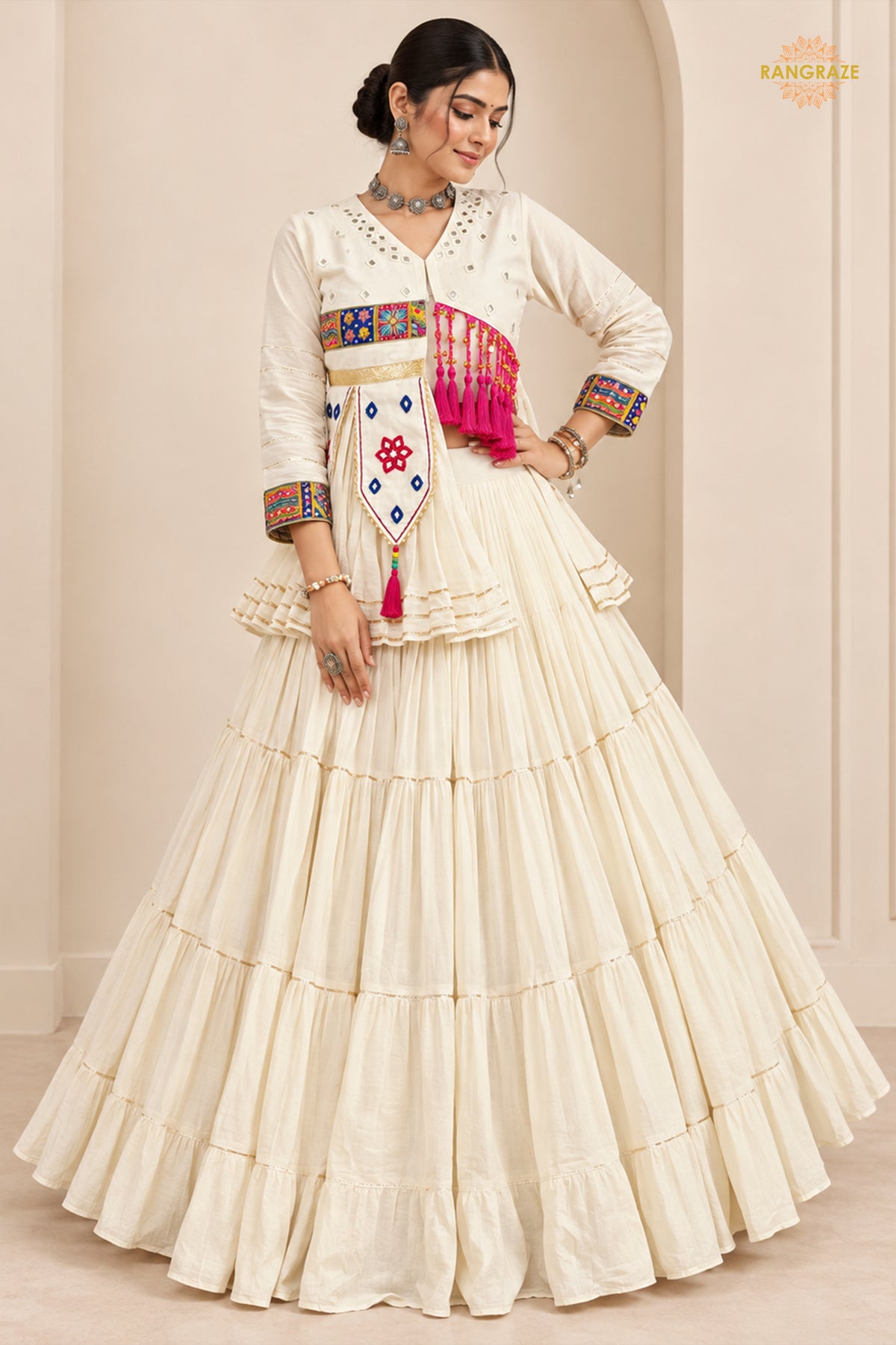Off White Stitched Lace Work Cotton Lehenga Set