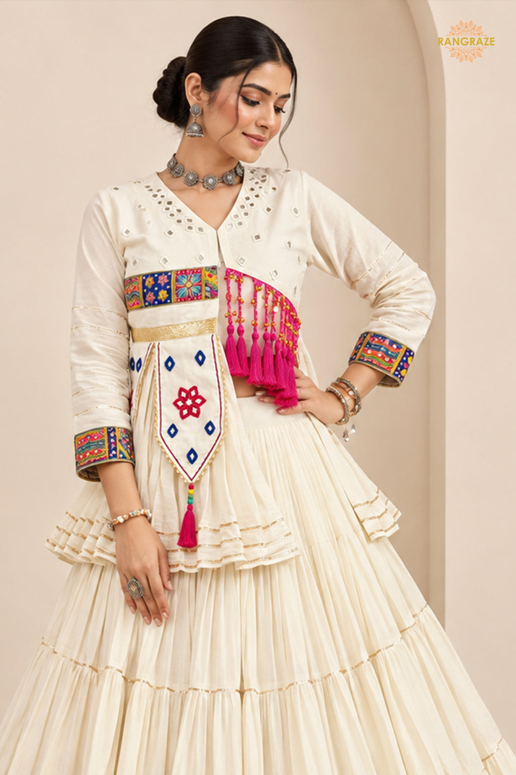 Off White Stitched Lace Work Cotton Lehenga Set