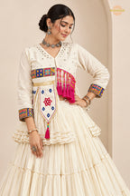Off White Stitched Lace Work Cotton Lehenga Set