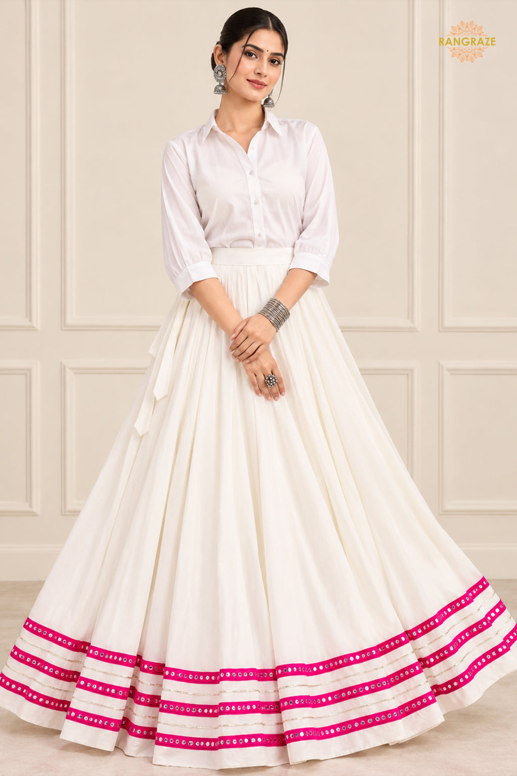 Off White Stitched Skirt With Mirror Patta