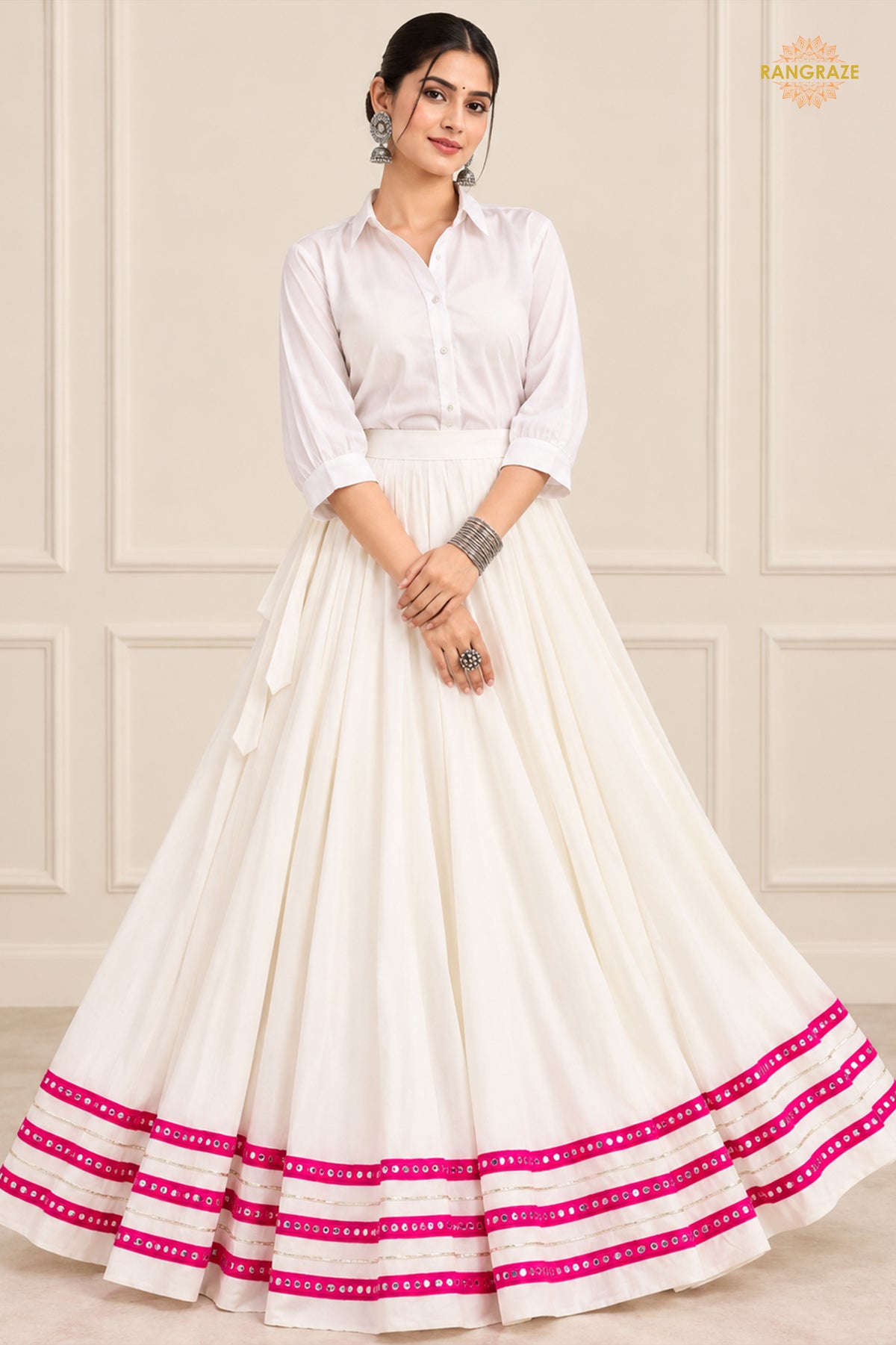 Off White Stitched Skirt With Mirror Patta