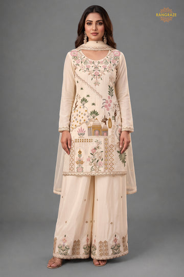 Off White Stitched Stitched Palazzo Suit