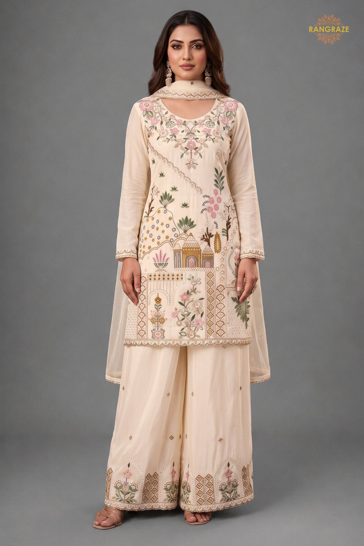 Off White Stitched Stitched Palazzo Suit