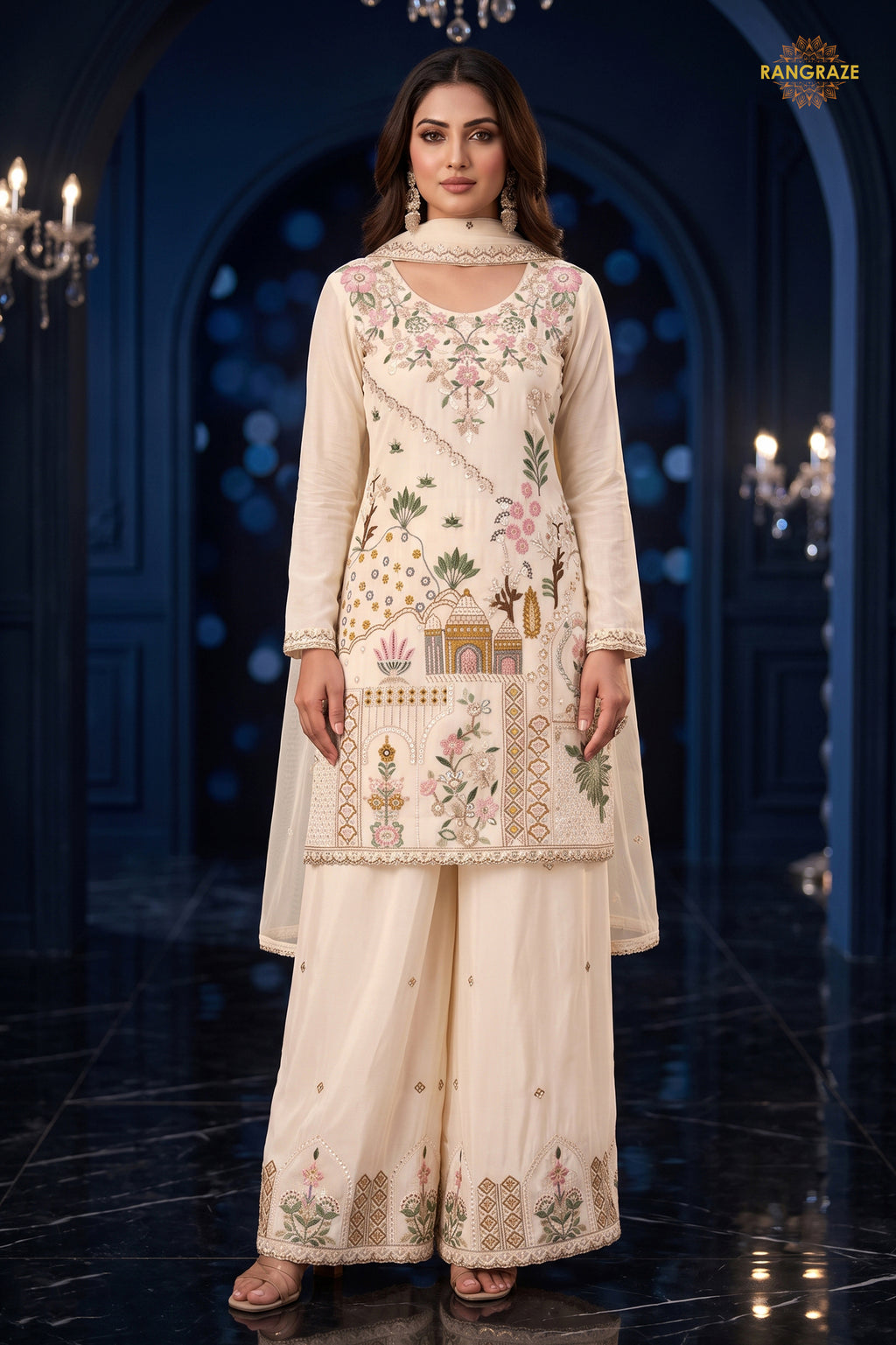 Off White Stitched Stitched Palazzo Suit